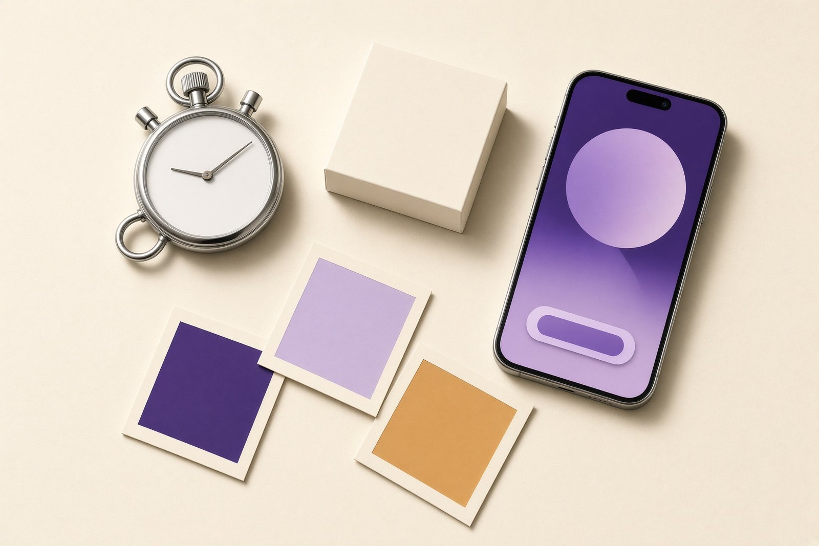 Overhead flat lay on a warm cream surface of a stopwatch, a small product box and a smartphone showing an abstract violet ad layout, with paper color swatches arranged around them