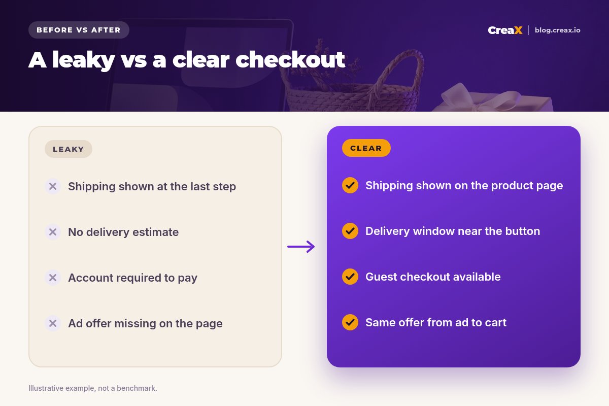 Before and after: a leaky checkout (shipping shown at the last step, no delivery estimate, account required to pay, ad offer missing on the page) versus a clear one (shipping shown on the product page, delivery window near the button, guest checkout available, same offer from ad to cart).