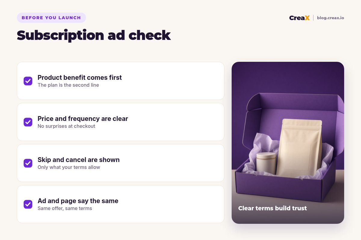Subscription ad check before you launch: the product benefit comes first, price and frequency are clear, skip and cancel are shown, and the ad and the page say the same thing.