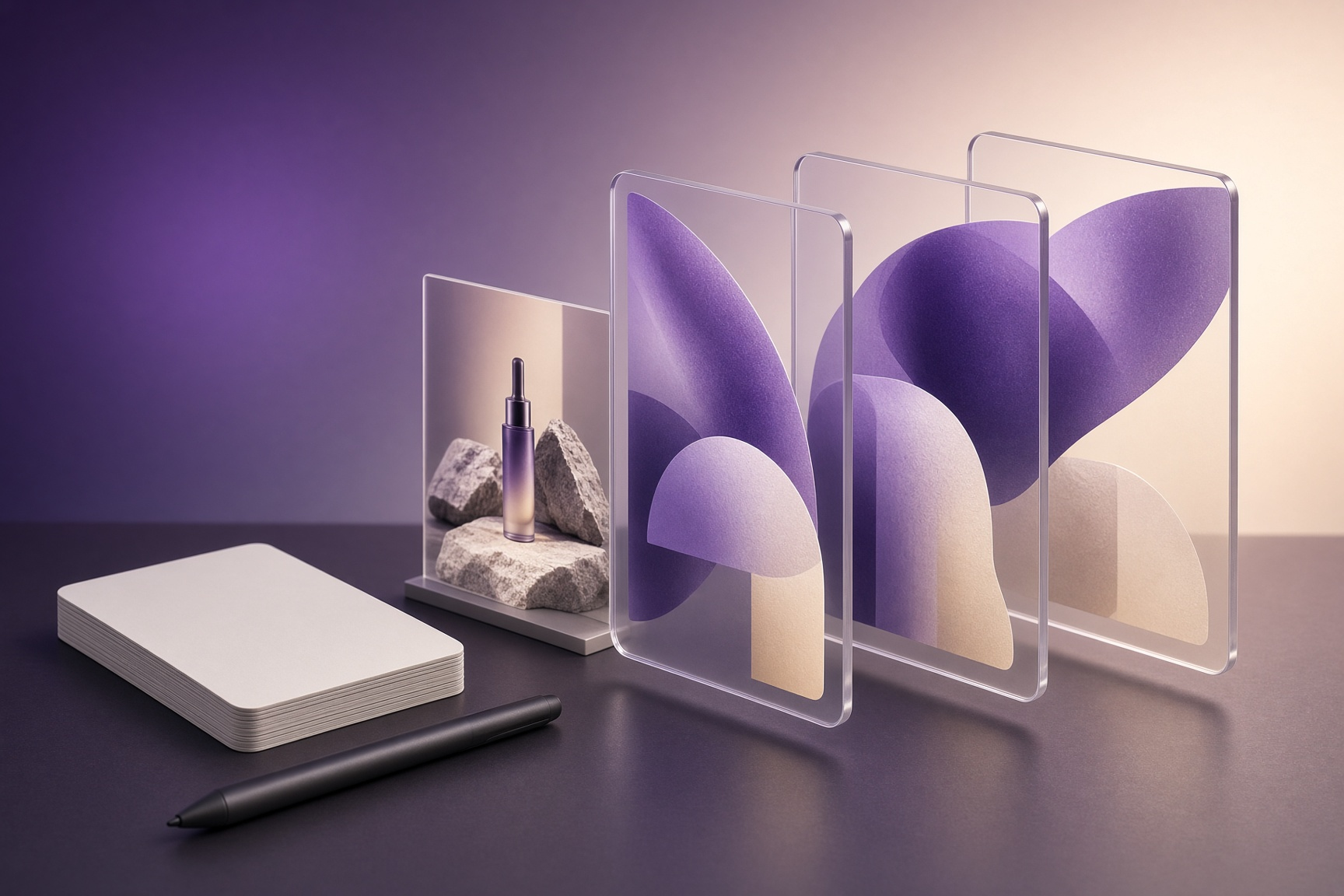 Template cards and stylus on the left versus a product photo transforming into three abstract ad mockups on the right