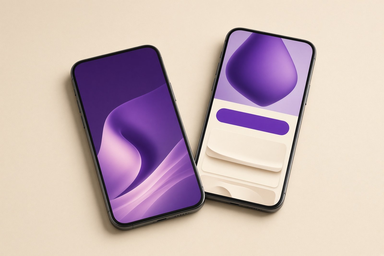 Two smartphones side by side on a cream surface, one showing an abstract vertical video ad and the other an abstract product page with the same violet product shape and matching colors