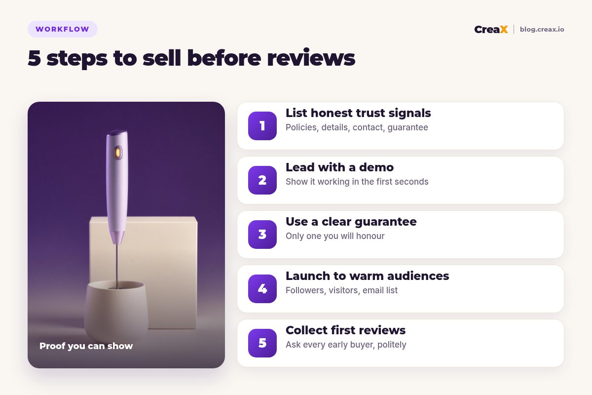Five steps to sell before you have reviews: list honest trust signals, lead with a demo, use a clear guarantee, launch to warm audiences, collect first reviews.