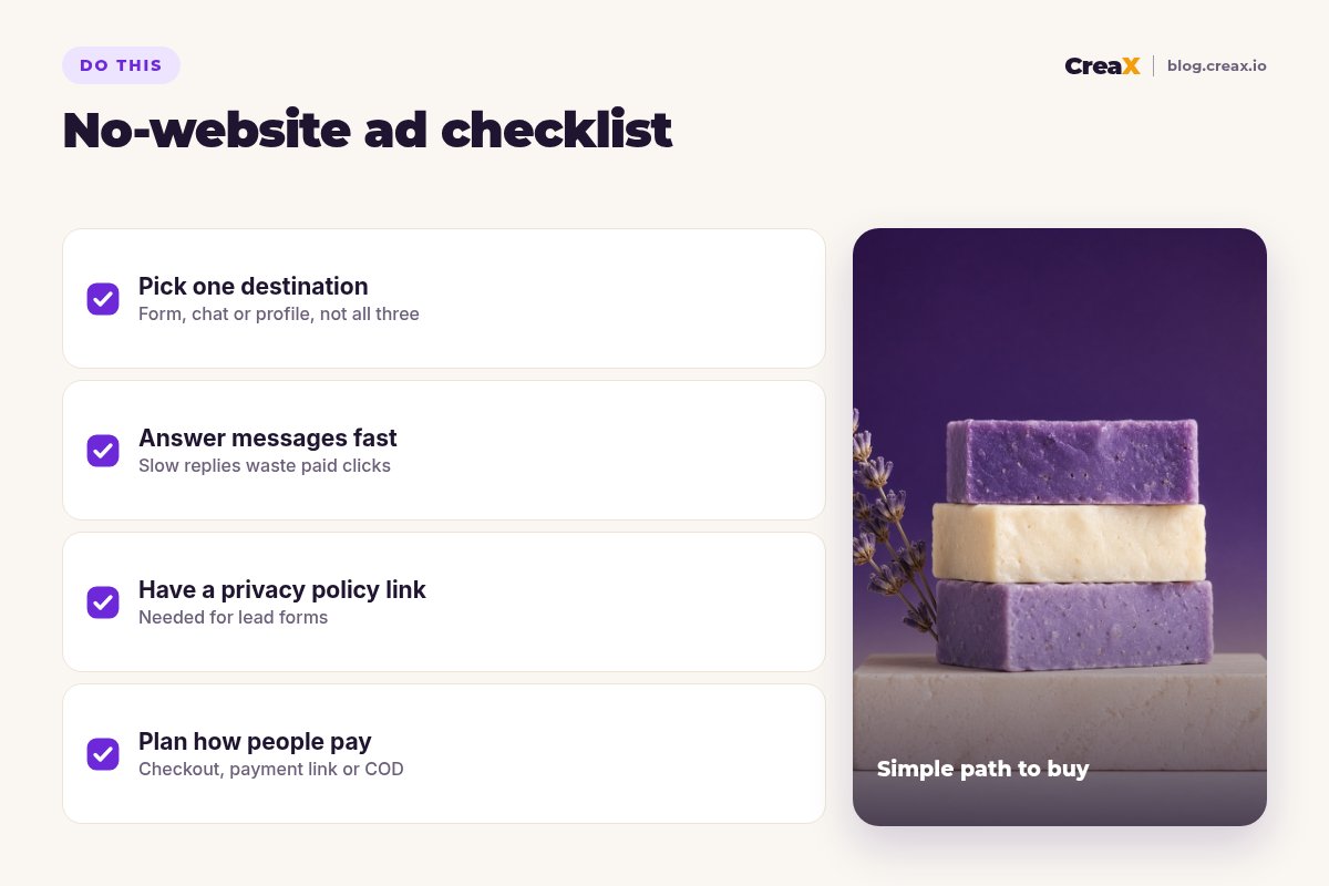 No-website ad checklist: pick one destination, answer messages fast, have a privacy policy link, plan how people pay.
