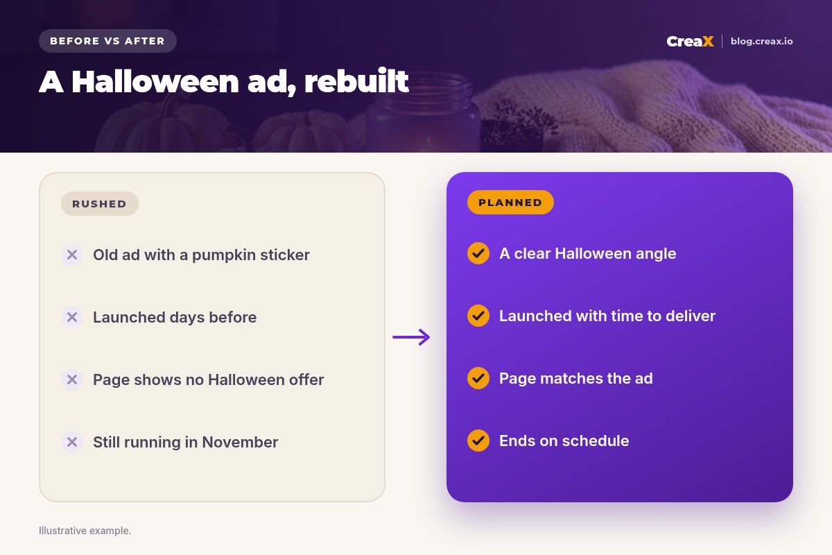 Before and after: a rushed Halloween ad with a pumpkin sticker on an old ad, launched days before, a page with no Halloween offer and still running in November, rebuilt with a clear angle, launched with time to deliver, a matching page, and an end on schedule.