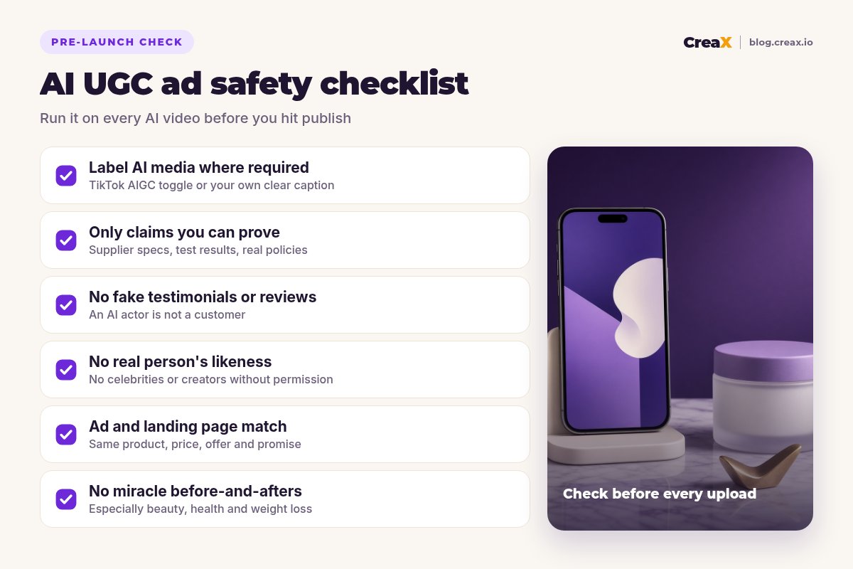 AI UGC ad safety checklist: label AI media where required, only claims you can prove, no fake testimonials, no real person's likeness without permission, ad and landing page match, no miracle before-and-afters.