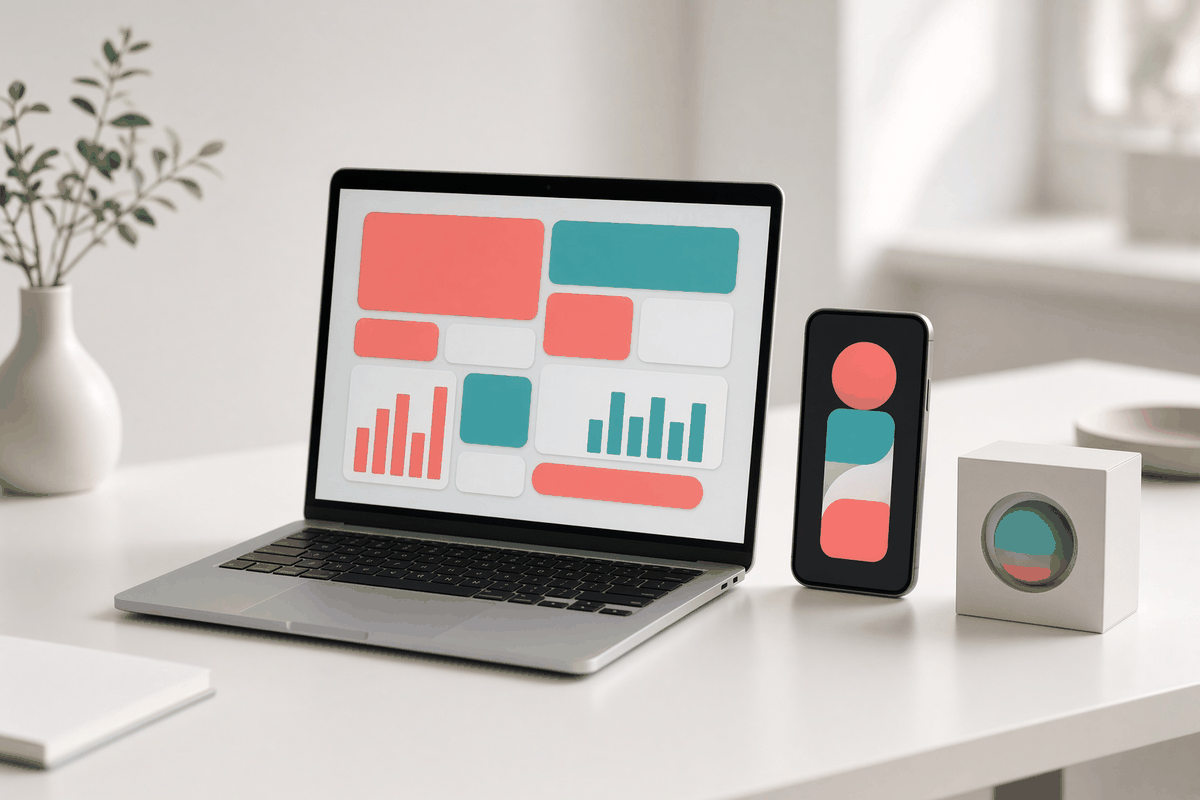 A laptop showing an abstract coral and teal dashboard next to a phone with a vertical video thumbnail and a small boxed product