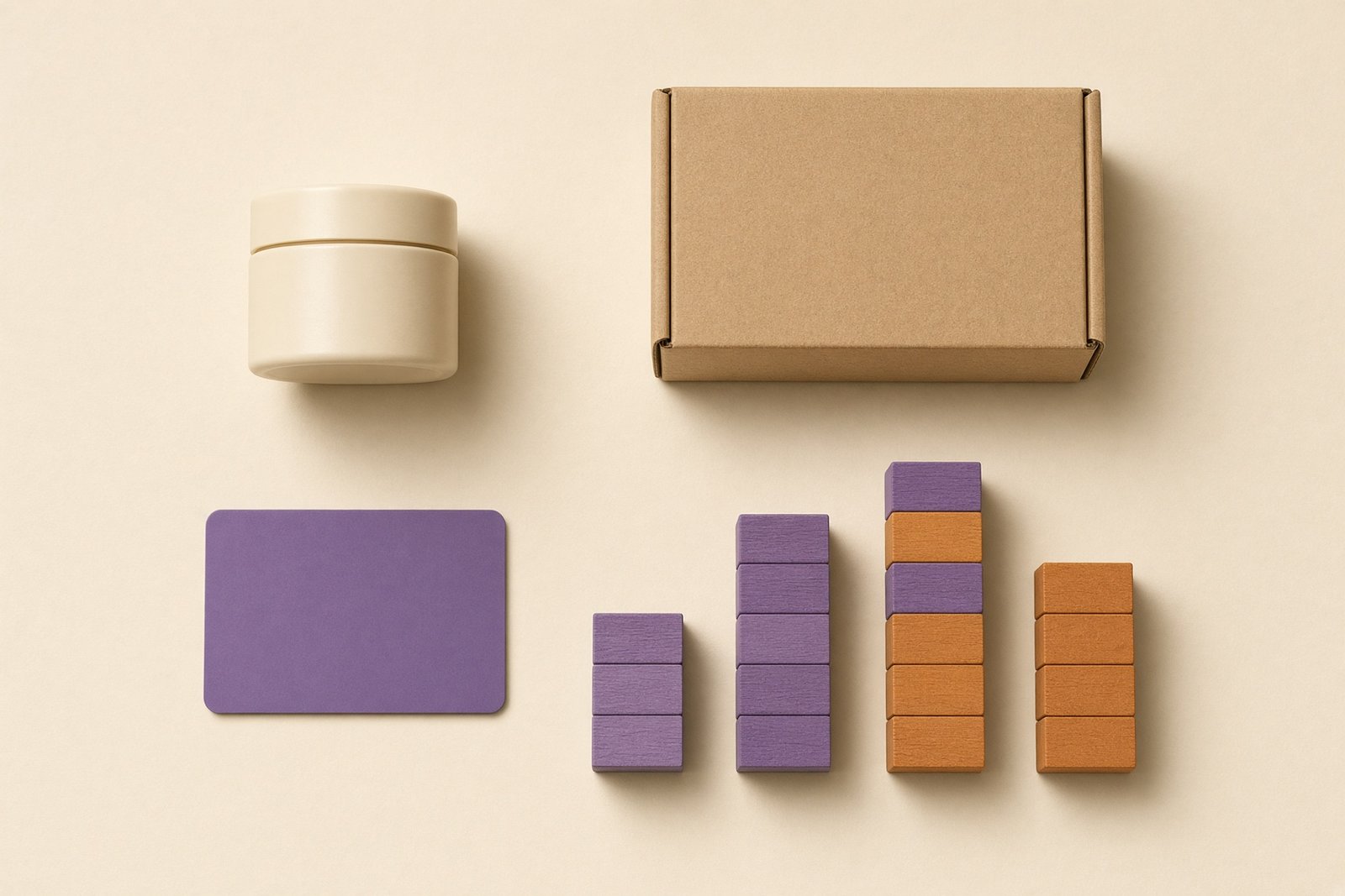 An overhead flat lay on a cream surface showing a small product, a kraft shipping box, a blank violet payment card and neat stacks of plain violet and amber blocks of different heights representing costs