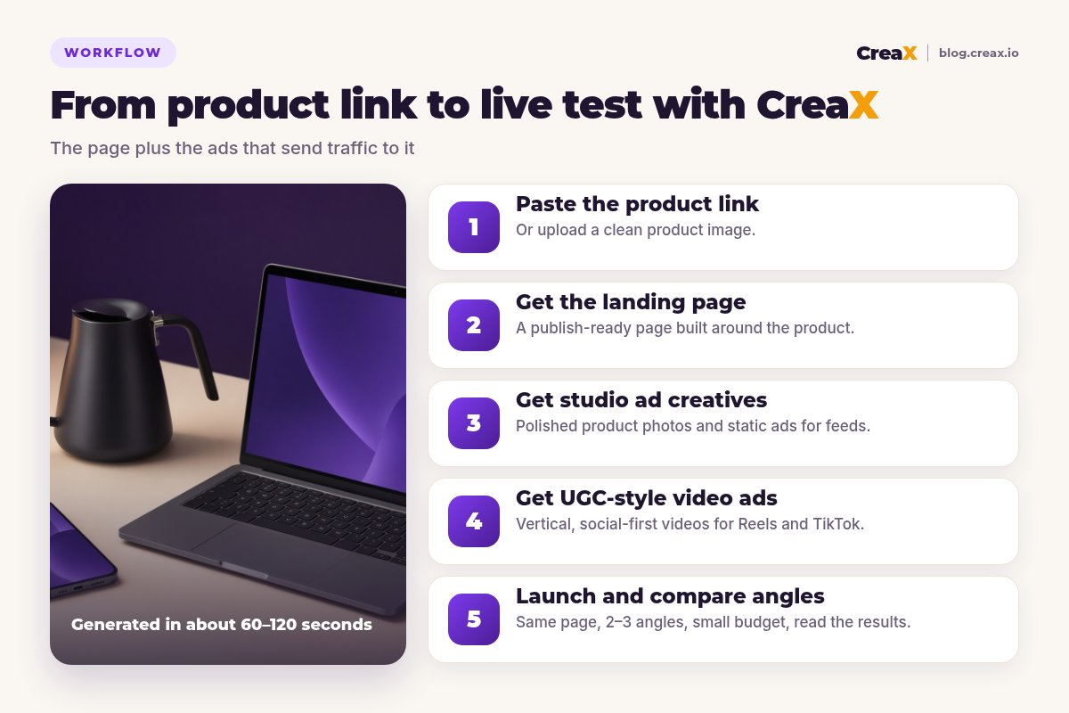 Five-step CreaX workflow: paste the product link, get the landing page, get studio ad creatives, get UGC-style video ads, launch and compare angles.