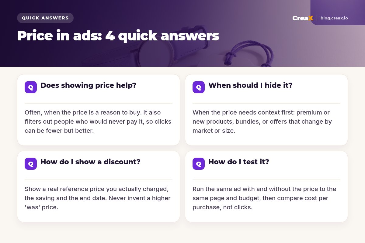 FAQ card, price in ads in 4 quick answers: showing price helps when it is a reason to buy; hide it when it needs context; show discounts with a real reference price and end date; test the same ad with and without the price.