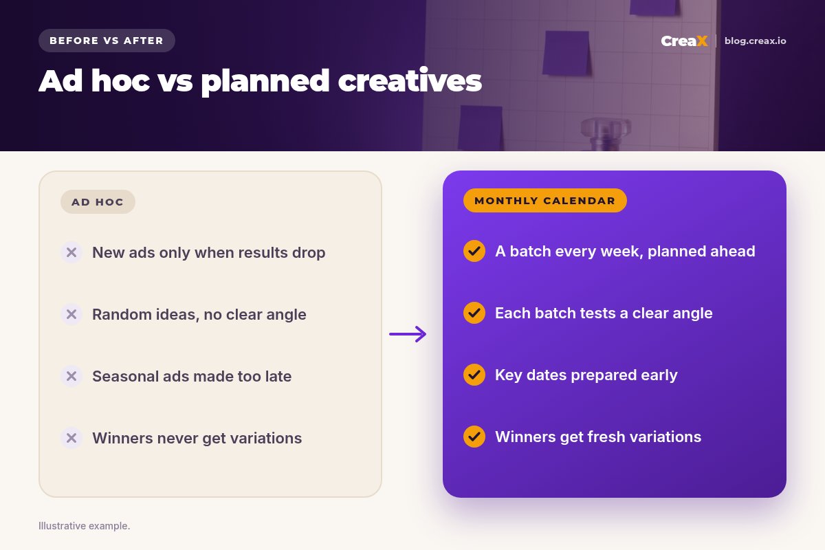 Before and after: ad hoc creatives are made only when results drop, with random ideas, late seasonal ads and no variations of winners; a monthly calendar ships a planned batch every week with a clear angle, early seasonal prep and fresh variations of winners.
