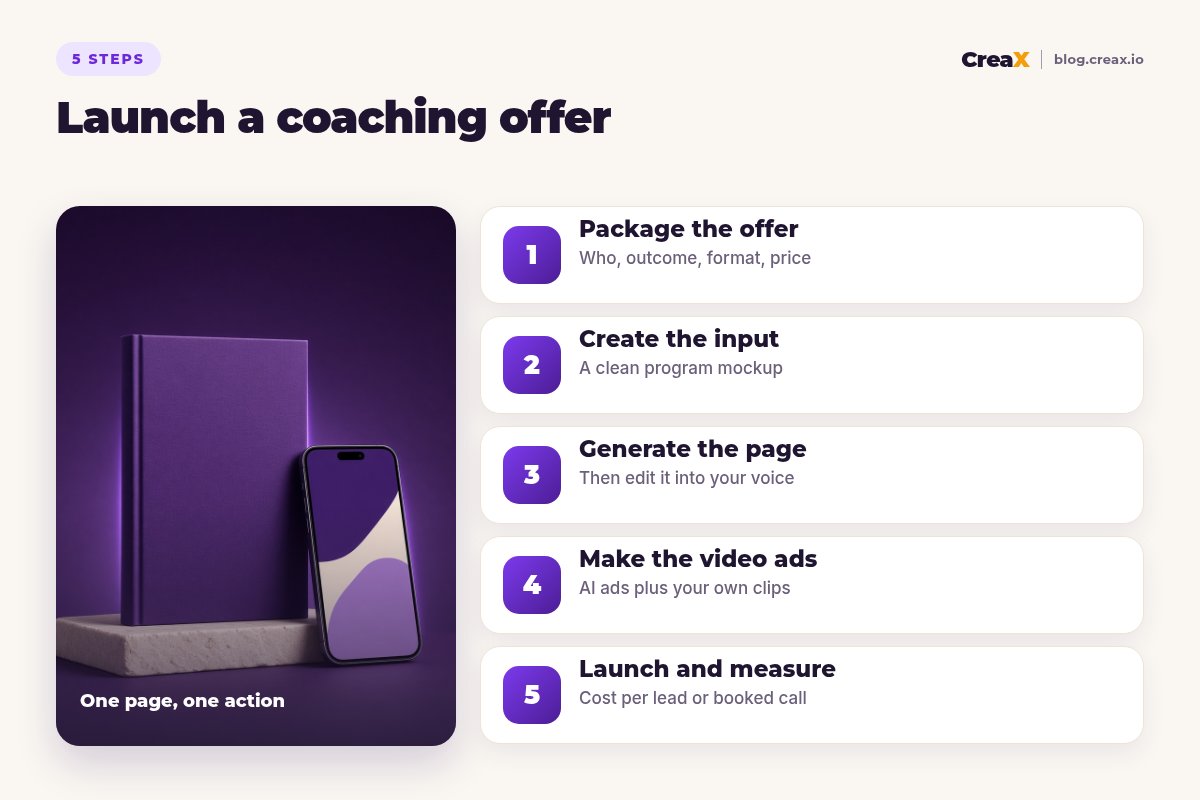 Five-step diagram for launching a coaching offer: package the offer, create the input (a program mockup), generate the landing page, make the video ads, launch and measure cost per lead or booked call.