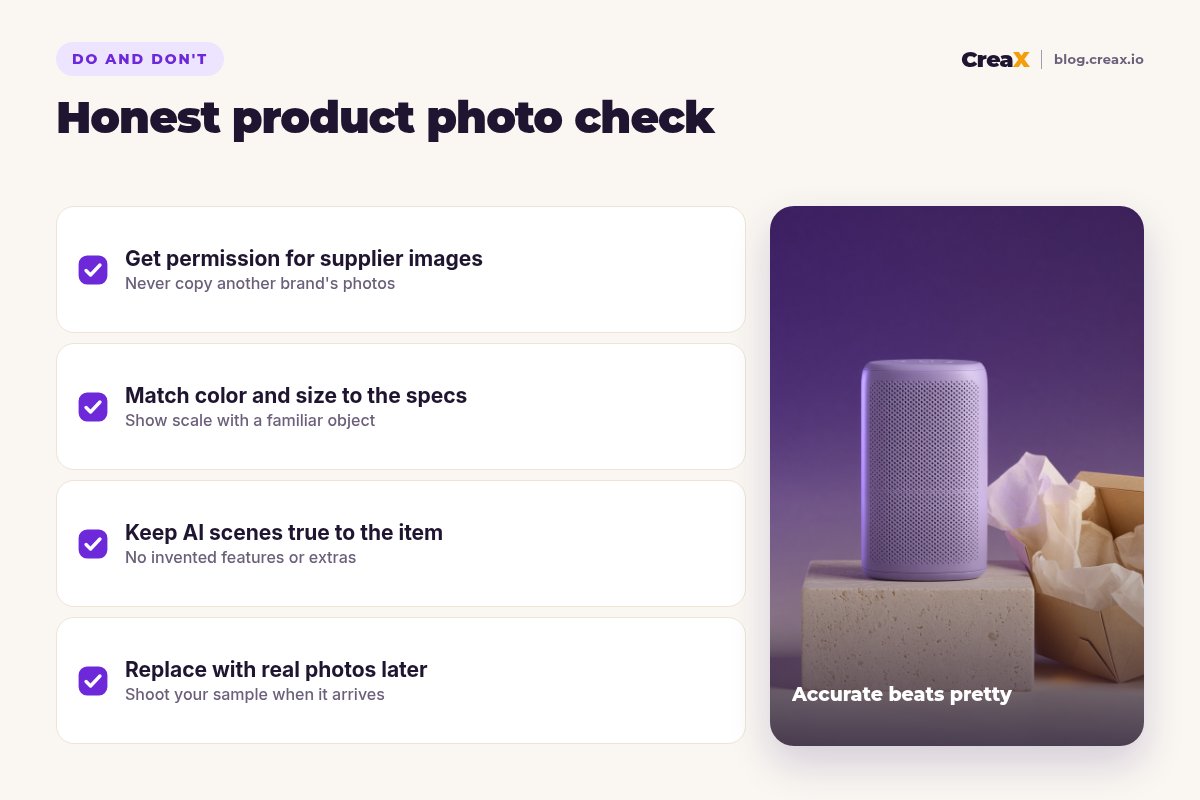 Honest product photo checklist: get permission for supplier images, match color and size to the specs, keep AI scenes true to the item, replace with real photos when your sample arrives.