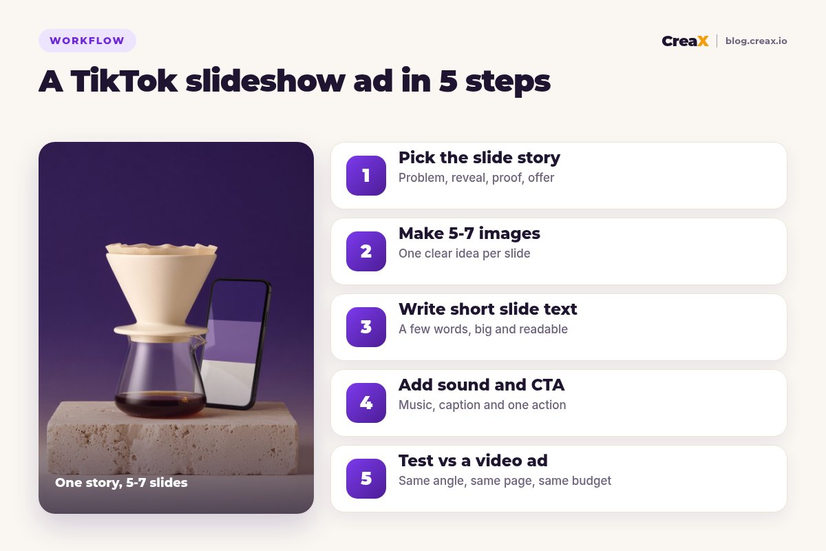 Five-step workflow for a TikTok slideshow ad: pick the slide story, make 5-7 images, write short slide text, add sound and CTA, test against a video ad.