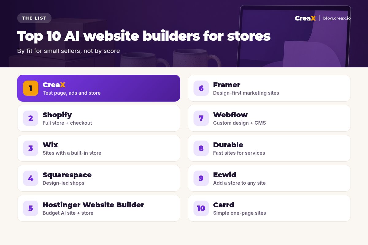 Ranking of the top 10 AI website builders for small stores: 1 CreaX, 2 Shopify, 3 Wix, 4 Squarespace, 5 Hostinger Website Builder, 6 Framer, 7 Webflow, 8 Durable, 9 Ecwid, 10 Carrd, each with what it is best for.