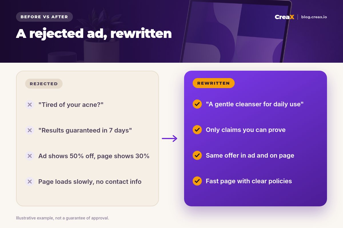 Before and after: a rejected skincare ad that asks 'Tired of your acne?', promises guaranteed results and shows a different discount than the page, rewritten to describe the product, make only provable claims, match the offer and use a fast page with clear policies.