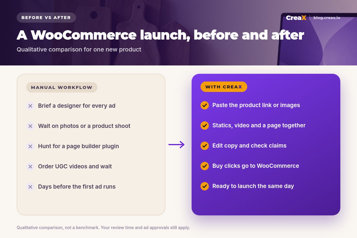 Before and after for a WooCommerce product launch: manual workflow with designer briefs, photo shoots, page builder plugins, UGC orders and days of waiting, versus CreaX with one product link producing statics, video and a page, edited and ready to launch the same day.