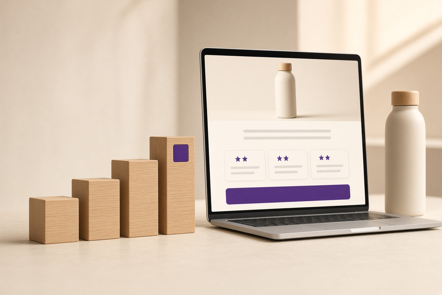 Ascending wooden blocks leading toward a glowing laptop with an abstract publish-ready page layout