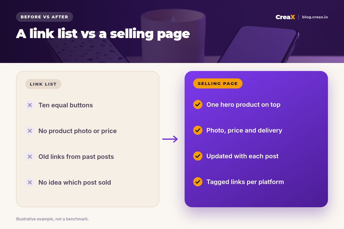 Before and after: a link list (ten equal buttons, no product photo or price, old links from past posts, no idea which post sold) versus a selling page (one hero product on top, photo, price and delivery, updated with each post, tagged links per platform).