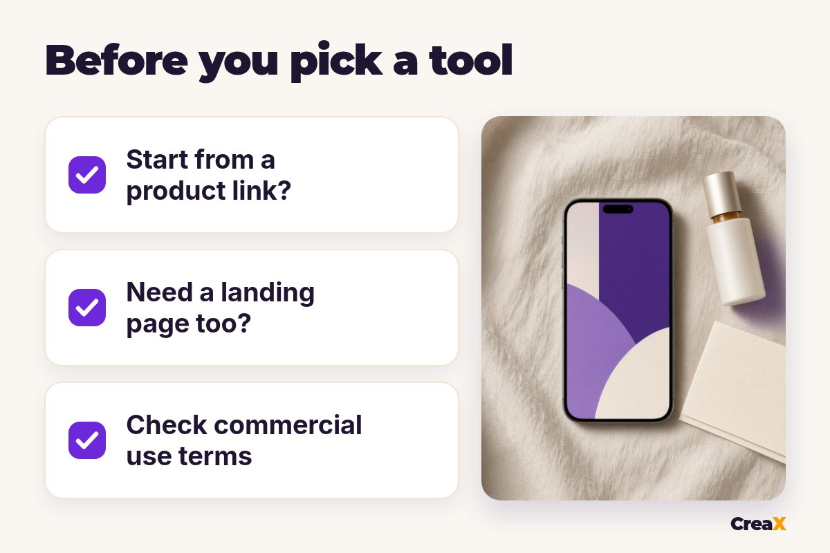 Checklist before you pick a HeyGen alternative: start from a product link, need a landing page too, check commercial use terms.