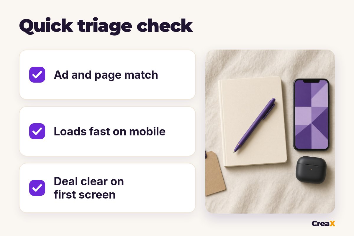 Quick triage checklist for a Black Friday page: ad and page match, loads fast on mobile, deal clear on the first screen.