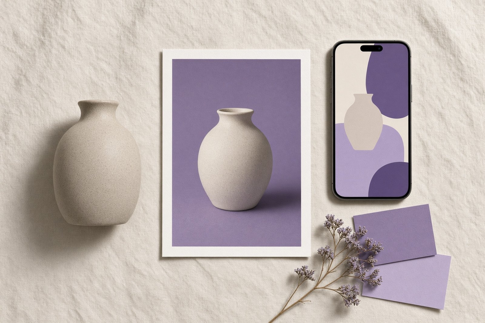 An overhead flat lay on a cream linen surface of a small ceramic product, a clean studio photo print of it and a phone showing an abstract violet ad layout