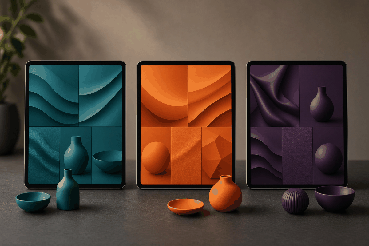 Three tablets on a desk, each showing a different abstract store layout in teal, orange and plum, with matching small products in front