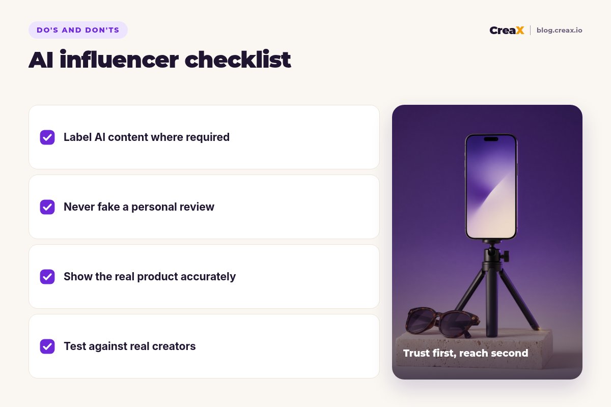 Checklist for using AI influencers: label AI content where required, never fake a personal review, show the real product accurately, test against real creators.