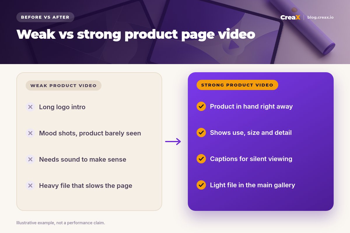 Before and after panel: a weak product video with a long logo intro, mood shots, sound needed and a heavy file, versus a strong product video with the product in hand right away, use and detail shown, captions and a light file in the main gallery.