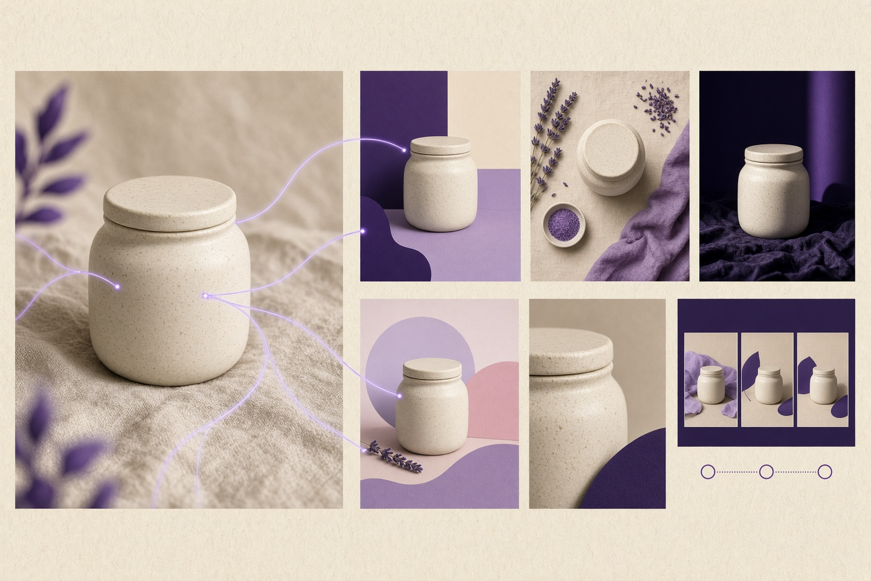 One cream ceramic jar on linen, linked by thin purple lines to six different studio compositions of the same jar, including a three-frame storyboard