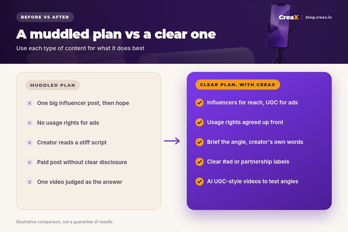 Comparison of a muddled and a clear content plan: one influencer post versus influencers for reach and UGC for ads, no usage rights versus rights agreed up front, stiff script versus briefing the angle, no disclosure versus clear labels, one video versus AI UGC-style videos to test angles.