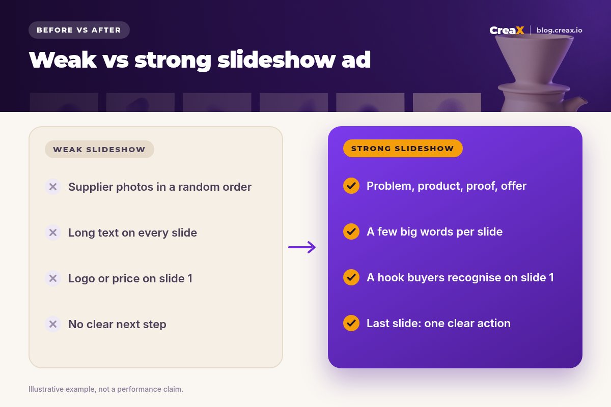 Before and after: a weak slideshow uses supplier photos in random order, long text, a logo first and no next step; a strong one follows problem, product, proof, offer with short text, a clear hook and one action.