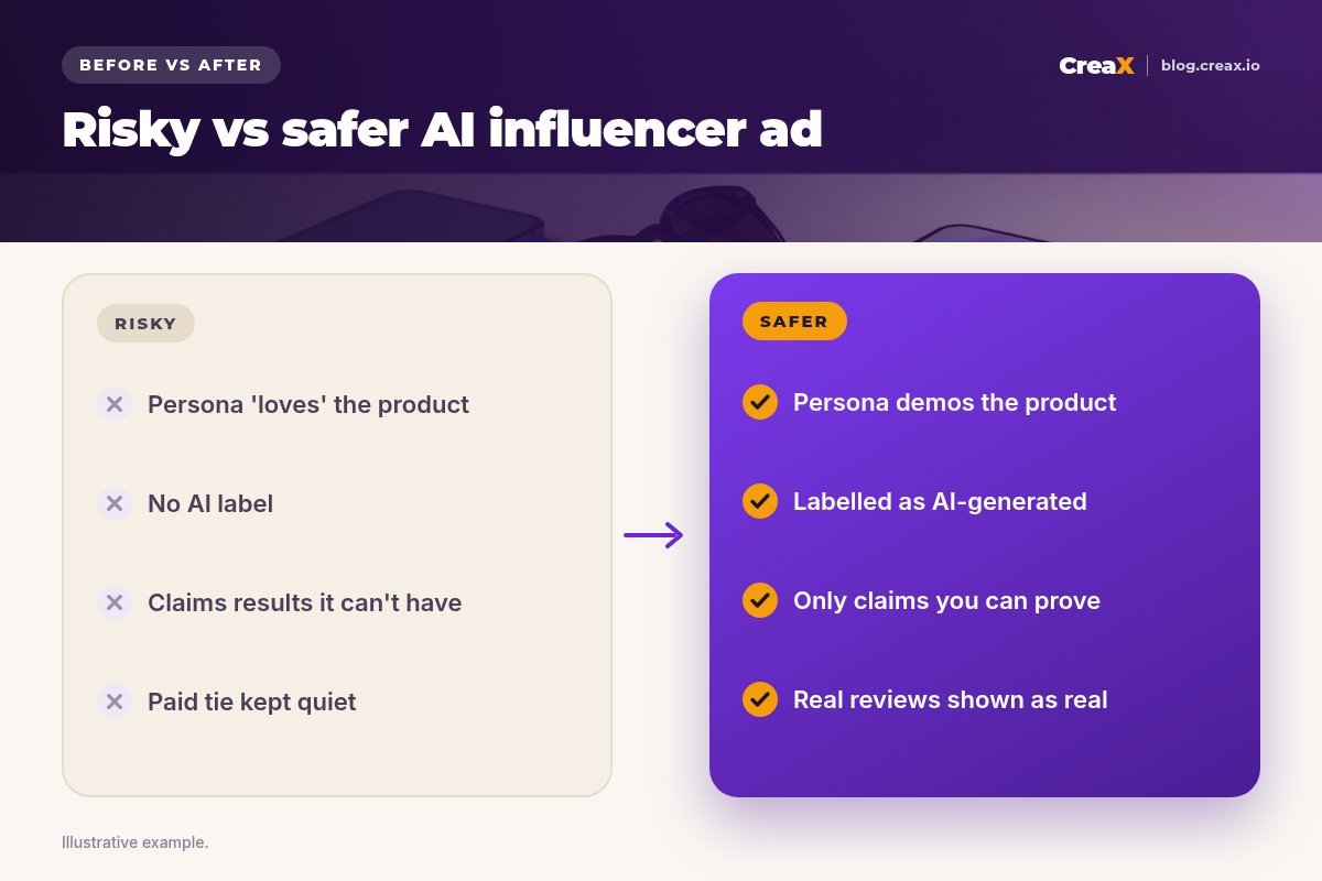 Before and after: a risky AI influencer ad (persona says it loves the product, no AI label, claims results it can't have, paid tie kept quiet) versus a safer one (persona demos the product, labelled as AI-generated, only provable claims, real reviews shown as real).