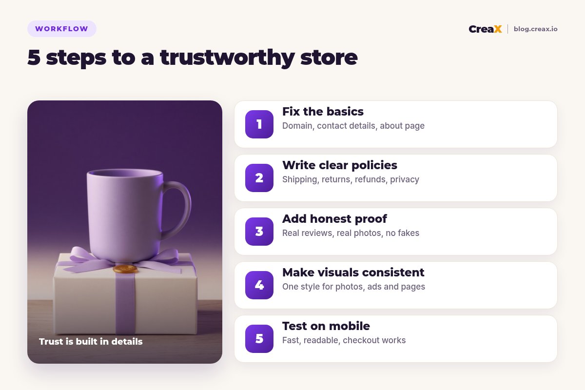 Five steps to a trustworthy online store: fix the basics, write clear policies, add honest proof, make visuals consistent, test on mobile.