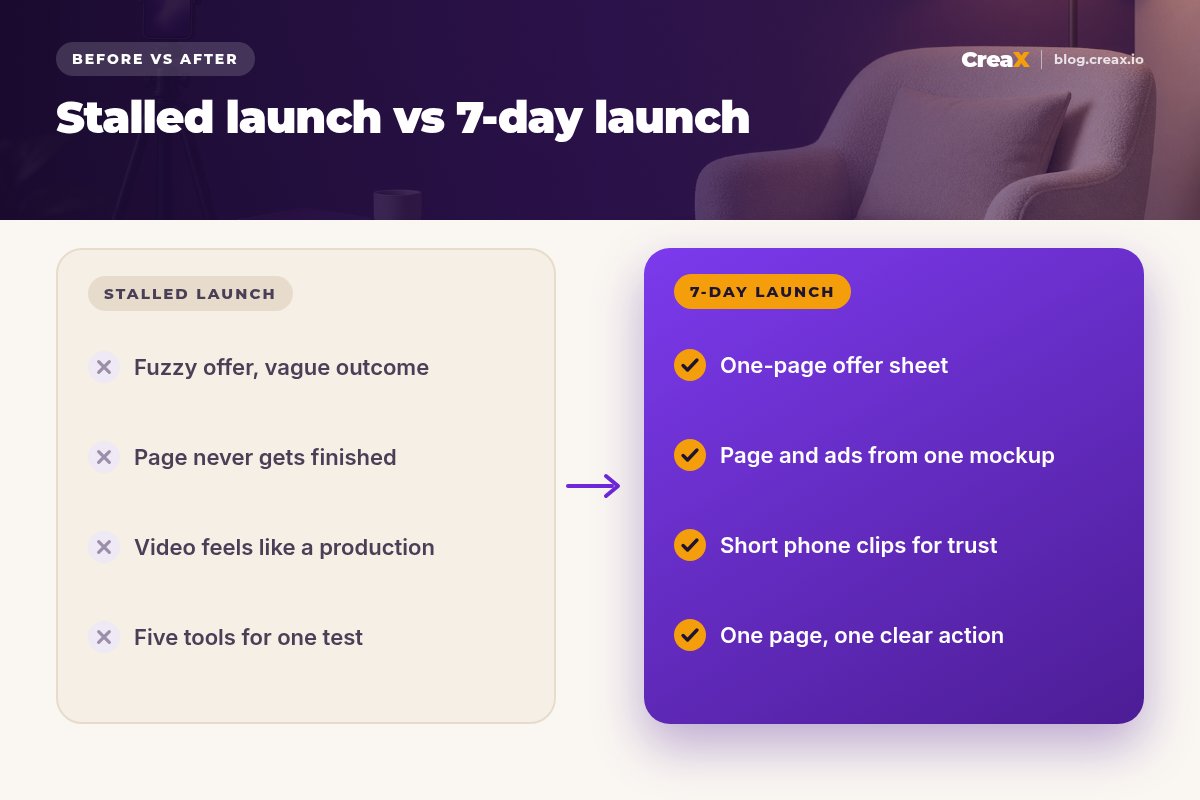 Before and after panel: a stalled launch has a fuzzy offer, an unfinished page, video that feels like a production and five tools for one test; a 7-day launch uses a one-page offer sheet, a page and ads from one mockup, short phone clips for trust and one page with one clear action.