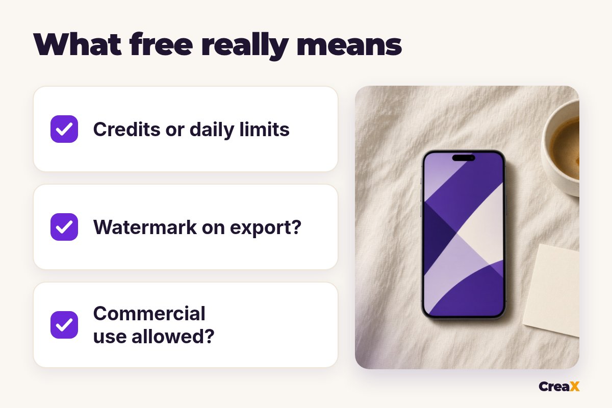 Checklist of what free really means for an AI ad generator: credits or daily limits, watermark on export, commercial use allowed.