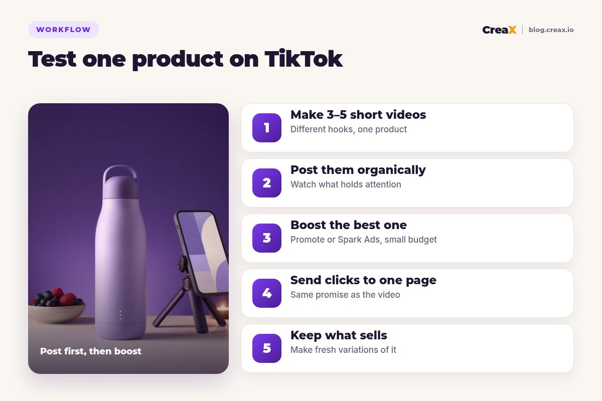 Five-step workflow to test one product on TikTok: make three to five short videos, post them organically, boost the best one with Promote or Spark Ads, send clicks to one page, keep what sells.