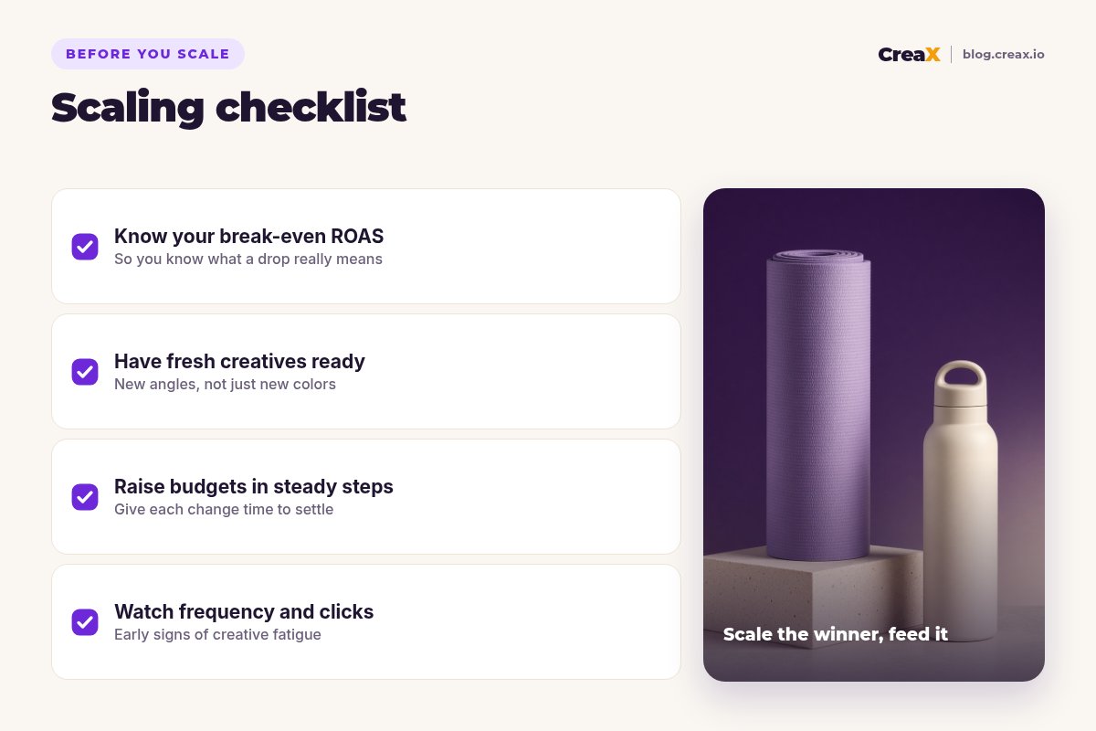 Scaling checklist: know your break-even ROAS, have fresh creatives ready, raise budgets in steady steps, watch frequency and clicks.