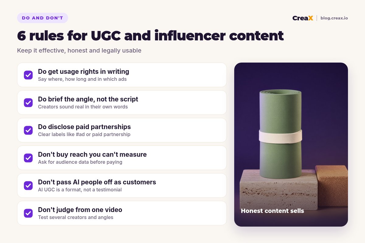 Checklist of 6 rules for UGC and influencer content: get usage rights in writing, brief the angle not the script, disclose paid partnerships, don't buy reach you can't measure, don't pass AI people off as customers, don't judge from one video.