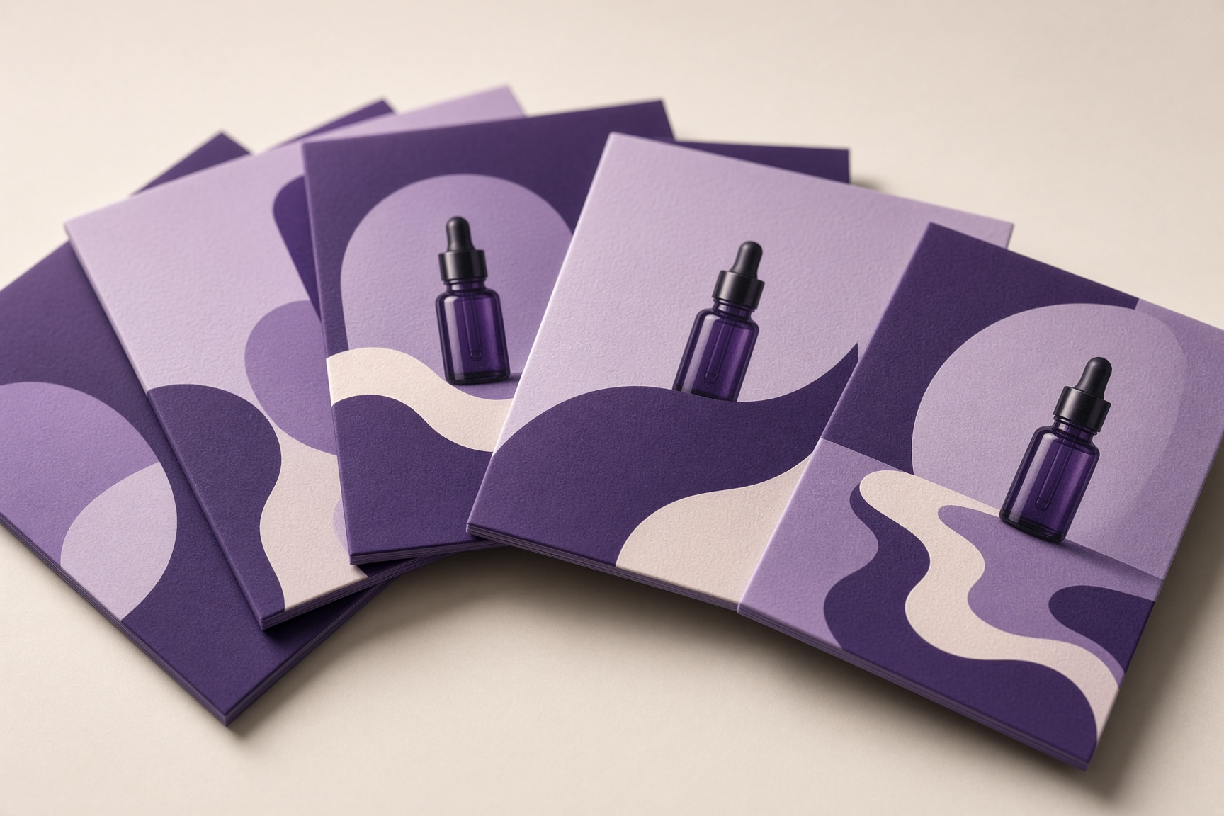 Printed ad mockup cards fanned out showing different compositions of the same small bottle product