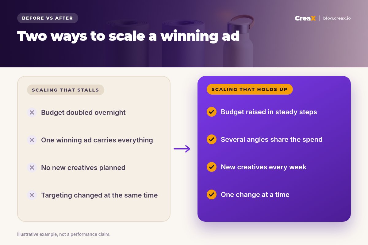 Before and after panel: scaling that stalls (budget doubled overnight, one winning ad, no new creatives, targeting changed at the same time) versus scaling that holds up (steady budget steps, several angles, new creatives every week, one change at a time).