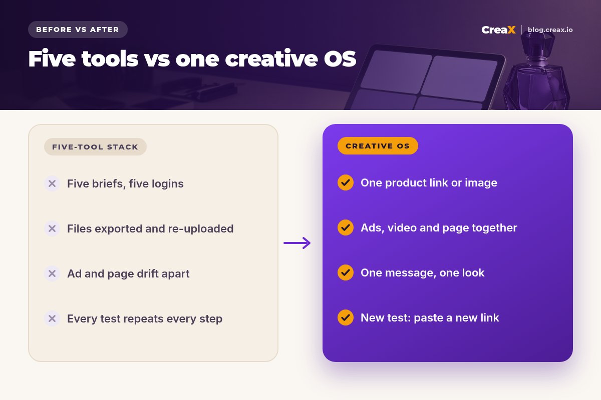 Before and after panel: a five-tool stack means five briefs and logins, exported and re-uploaded files, ads and pages that drift apart and repeated steps; a creative OS starts from one product link or image, generates ads, video and page together with one message and look, and a new test is a new link.