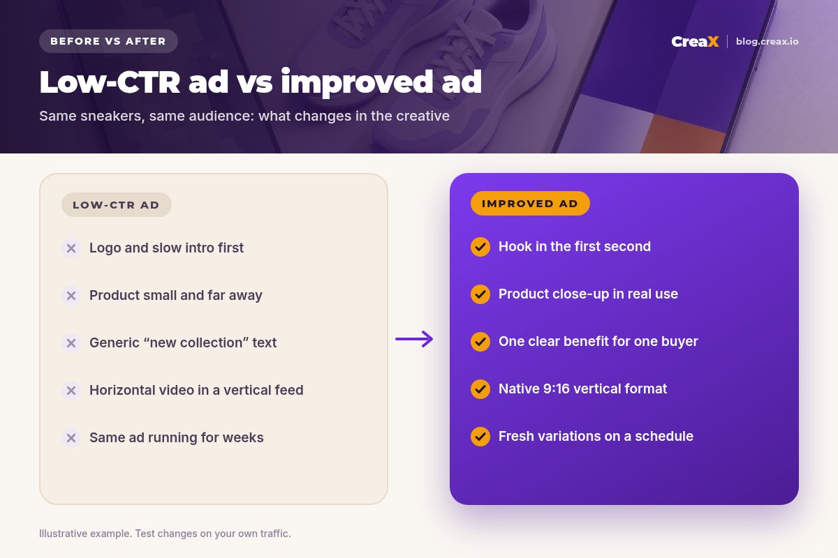 Before and after: a low-CTR ad with a slow intro, small product, generic text, wrong format and stale creative, vs an improved ad with a hook in the first second, product close-up, one clear benefit, vertical format and fresh variations.