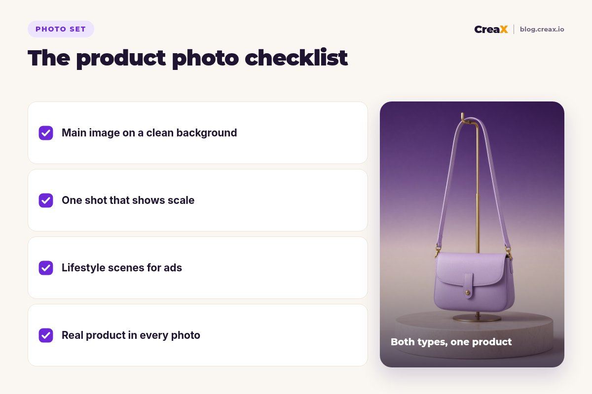 Product photo checklist: main image on a clean background, one shot that shows scale, lifestyle scenes for ads, the real product in every photo.