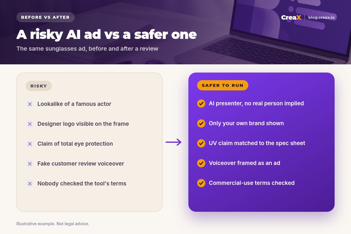 Before and after: a risky AI ad with a celebrity lookalike, a designer logo, an unproven protection claim and a fake review, versus a safer ad with an AI presenter, only your brand, a claim matched to the spec sheet and checked terms.