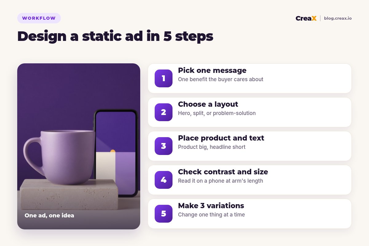 Five-step workflow for designing a static ad: pick one message, choose a layout, place product and text, check contrast and size, make 3 variations.