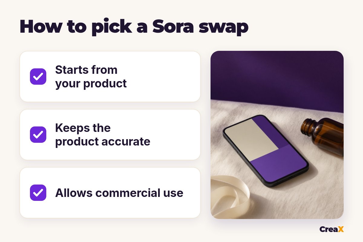Checklist for picking a Sora alternative: starts from your product, keeps the product accurate, allows commercial use.