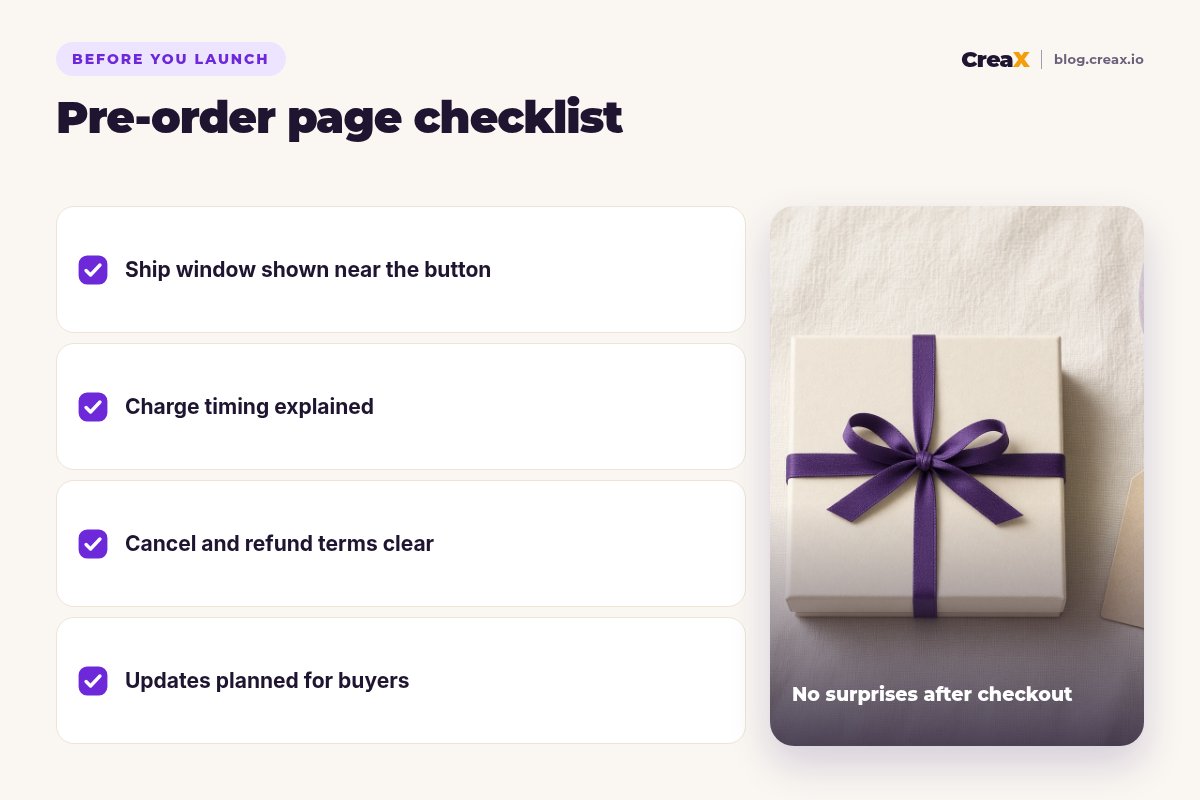Pre-order page checklist: ship window shown near the button, charge timing explained, cancel and refund terms clear, updates planned for buyers.