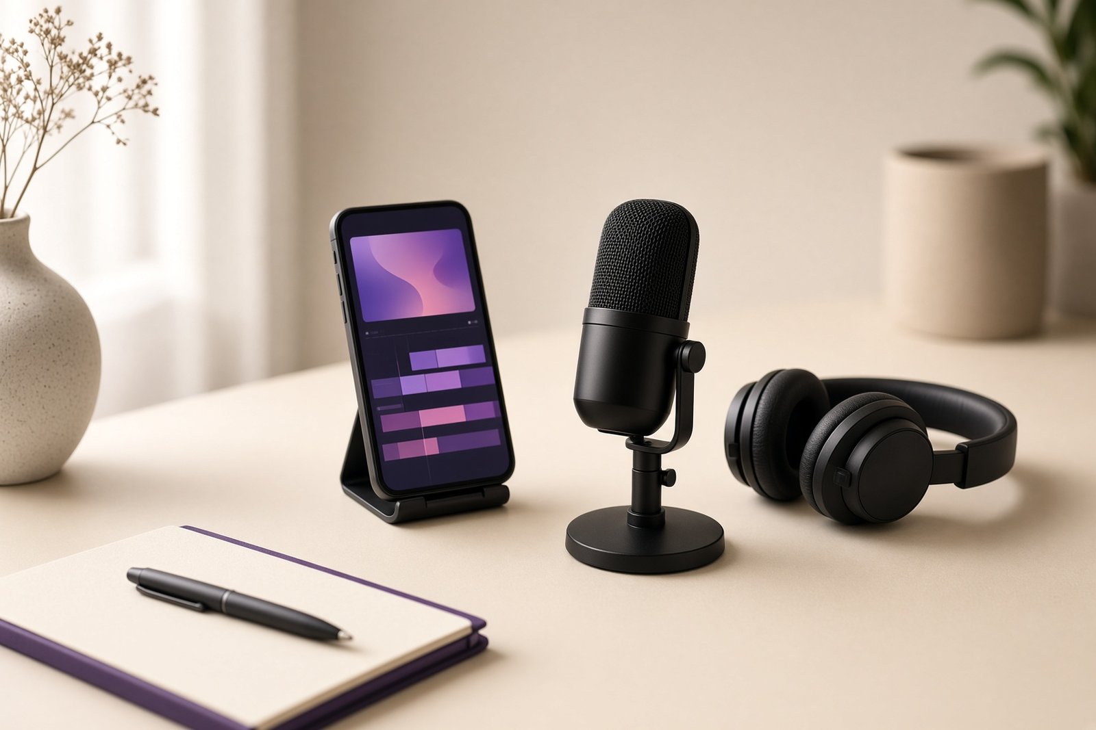 A cream desk with a compact microphone and headphones beside a smartphone on a stand showing an abstract vertical video timeline of violet and rose blocks, soft window light