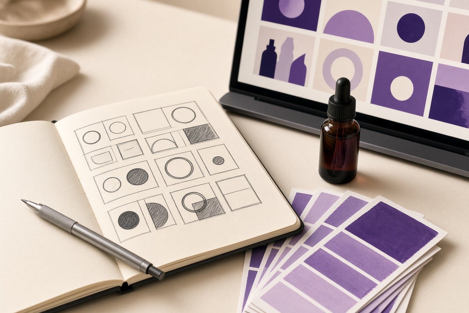 A split desk scene on cream: on one side a designer's sketchbook with abstract violet shapes and color swatches, on the other a laptop showing an abstract grid of finished ad tiles and a small product