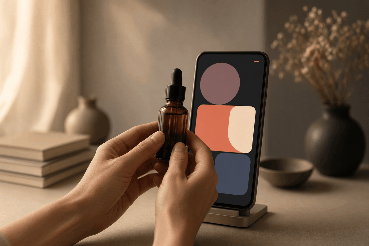 A pair of hands holding a small amber serum bottle in front of a smartphone on a stand in a warm home studio